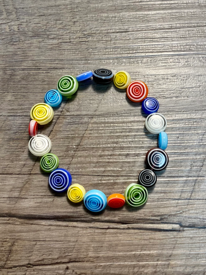 Circle Of Life Is A Colorful Millefiori Lampwork Glass Multi Color/Size Spiral Shaped 7" Beaded Bracelet, Millefiori, Lampwork, Glass Bead