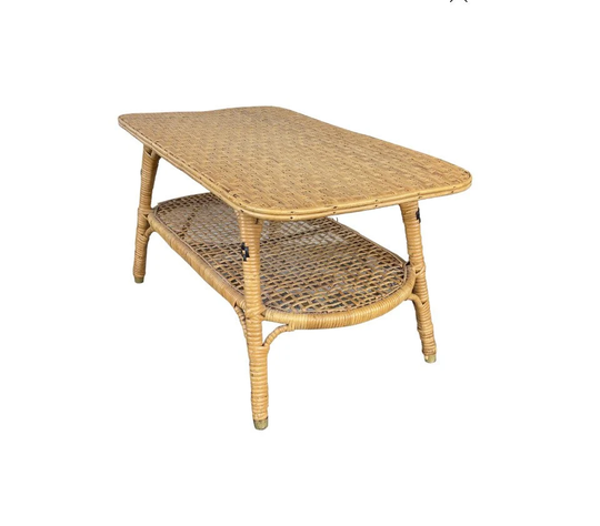 Vintage Bamboo Rectangle Coffee Table, Bamboo Small Wicker Tropical Boho Decor, Coastal