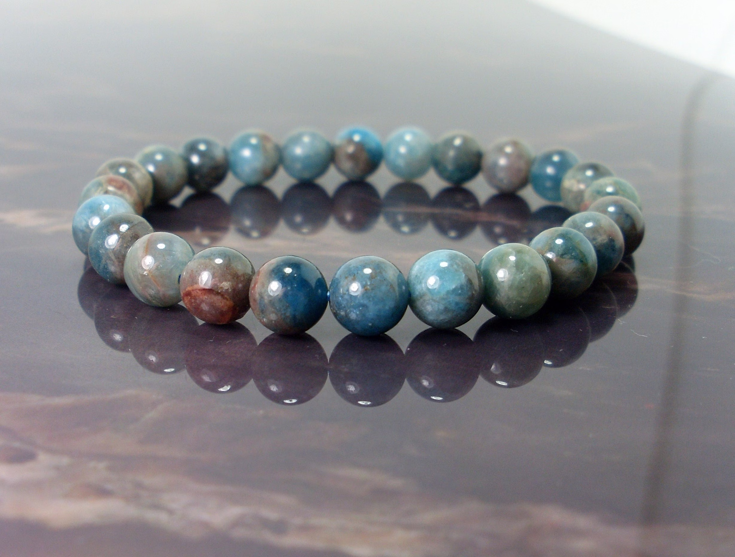 Natural Blue Apatite in Matrix Bracelet 8mm, Gemstone Bracelet, Unisex Womens Mens Beaded Gift For Her Him + Bag