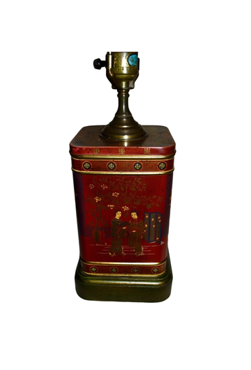Antique Asian Hand Painted Tin Table Lamp