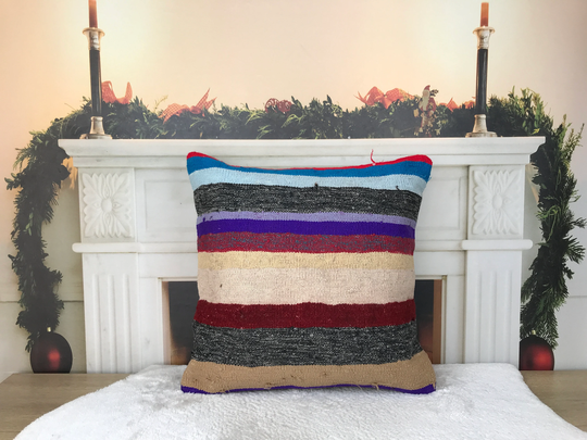Colorful Kilim Pillow, Chair Throw Couch Boho Decor Handwoven Euro Sham Cover, 20x20 Inch 3454