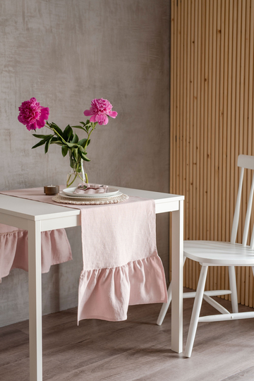 Blush Pink Linen Table Runner With Ruffle. Ruffled Runner. Dining Decor. Kitchen Natural Decor