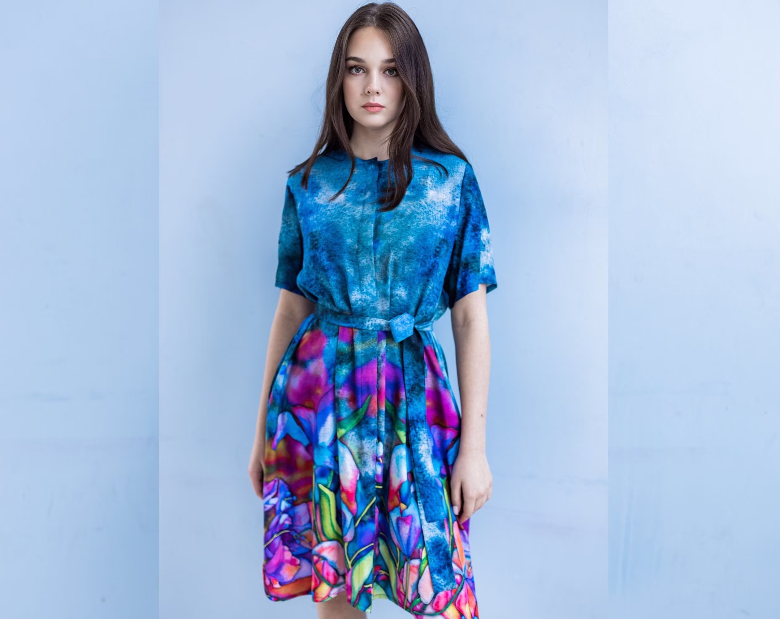 Summer Dress For Women, Colorful Midi Dress, Boho Floral Plus Size Clothing, With Short Sleeves, Belted Bohemian