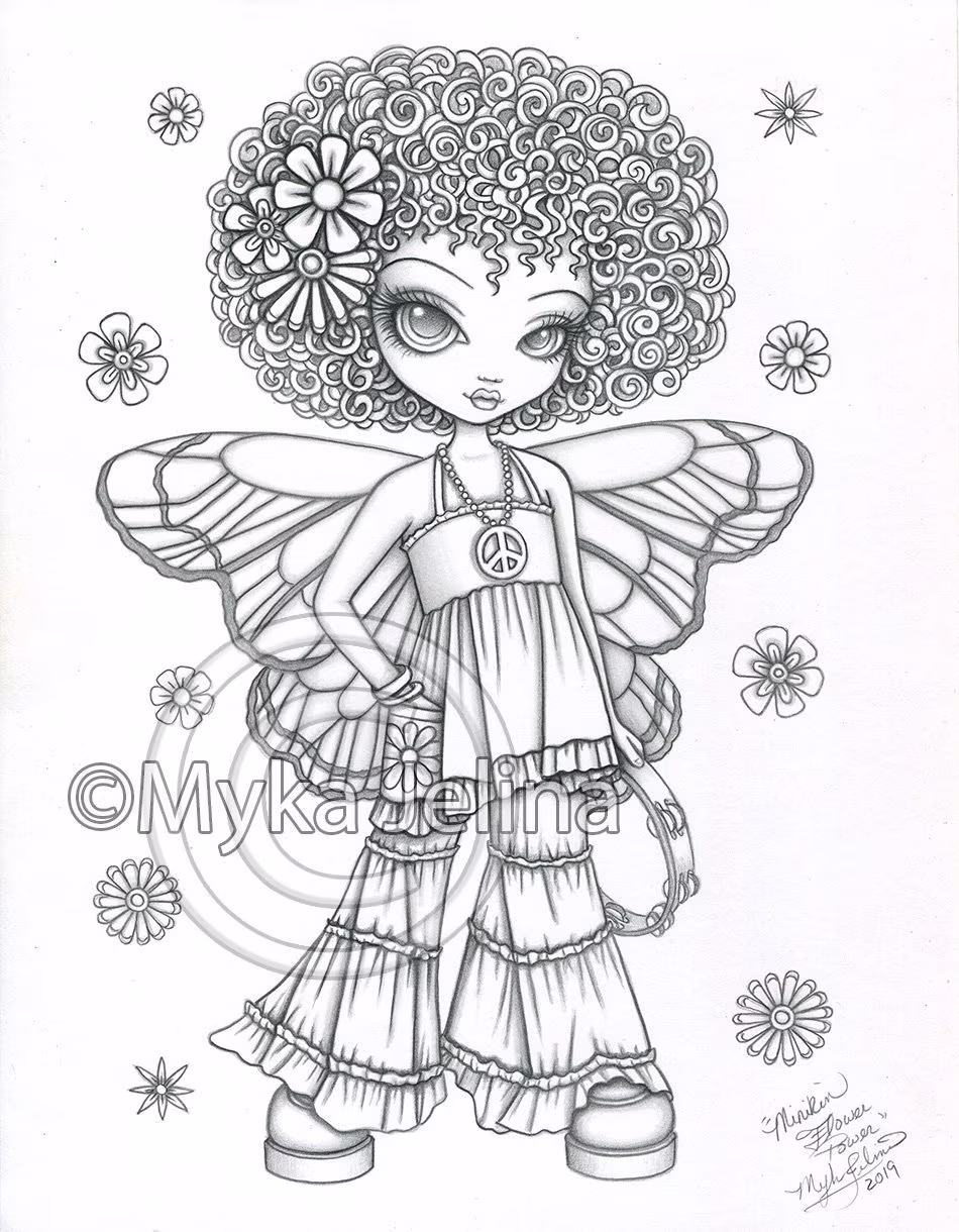 Minikin Flower Power Original Myka Jelina Pencil Drawing Minikins Series Bohemian Butterfly Hippie Fairy
