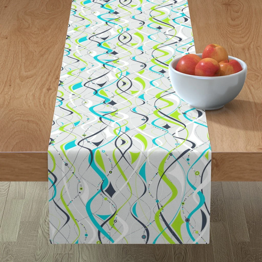 Mid Century Modern Table Runner - Ribbon Stripes By Robyriker Lime Green Teal Atomic Era Cotton Sateen Spoonflower