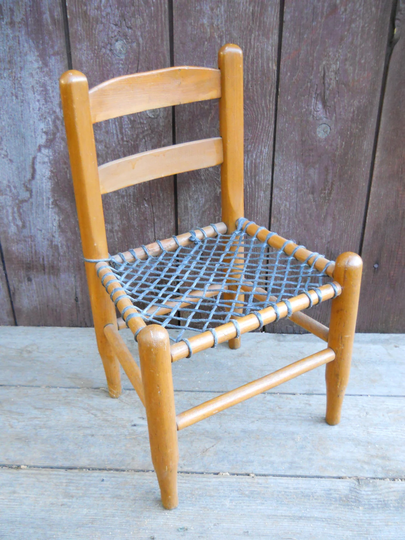 Vintage Farmhouse Child's Ladderback Youth Baby Chair Cottage Bark Cloth Cushion