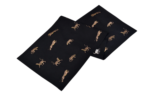 Decorative Leopard Pattern Table Runner - 100% Linen Black Decor Modern Cloth Animal Print Vintage Decoration