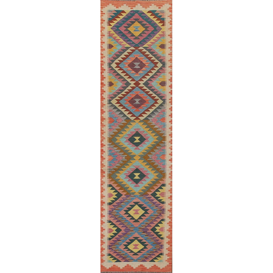 Geometric Kilim Runner Rug Hand-Woven Multi-Color Wool Carpet - 2'6"x12'10"