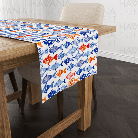 Blue Fish Print Table Runner - Nautical Home Decor Centerpiece, Watercolor & Orange Fishes Coastal Linen, Gift
