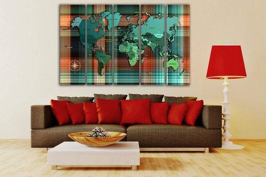Colorful World Map Canvas Print Art Abstract Green Map Cell Color Wall Wood Travel Canvas Cage