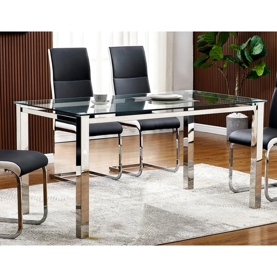 Best Master Furniture 63 Inch Rectangular Dining Glass Table - Clear Glass with Silver Legs