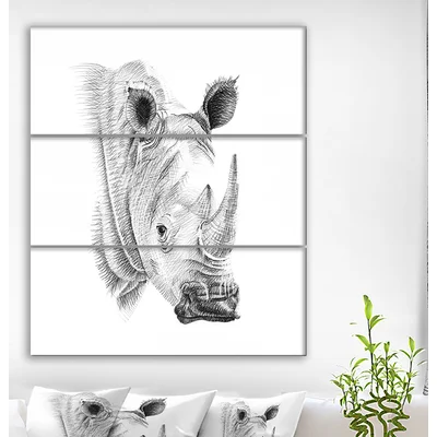 'Pencil Rhino Sketch in Black and White' Oil Painting Print Multi-Piece Image on Wrapped Canvas
