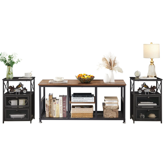 3 Pieces Coffee Table Set Sofa Table and Modern Nightstand Set of 2