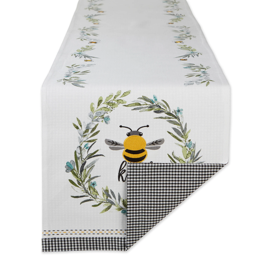 14" x 72" Yellow White Reversible Embellished Decorative Table Runner