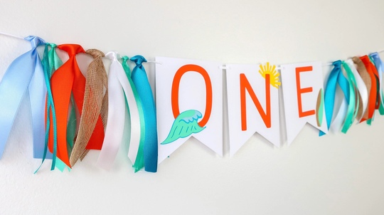Surf Party High Chair Banner - First Wave Surfboard The Big One Surf's Up Birthday Smash Cake Baby Boy