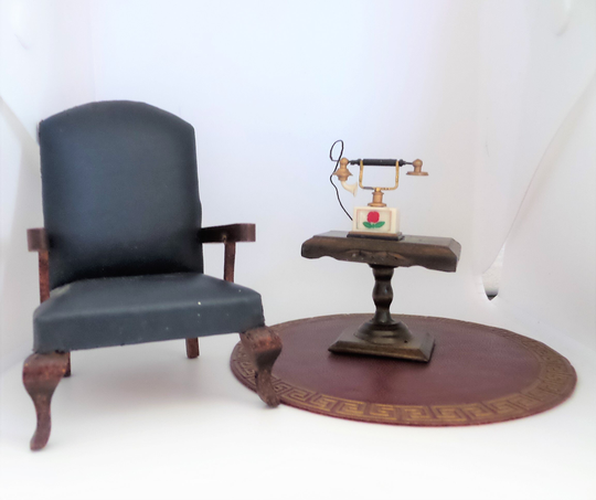 Vintage Dollhouse Club Chair, Side Table, Telephone, & Rug