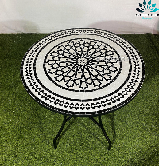 Mosaic Table Black & White 100 % Moroccan Handcrafted For Outdoor Indoor, Tiles Tables, Garden