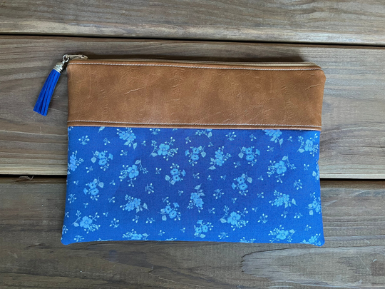Blue Flora On Blue Makeup Bag Garden Party Zipper Pouch, Vegan Leather Bag, Makeup Bag, Cosmetic Bag, Blue Bridesmaid Gift, Pencil Pouch