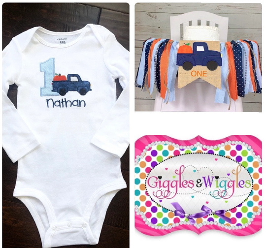 Pumpkin Truck 1st Birthday High Chair Banner, Bodysuit, Boy Highchair Birthday, Cake Smash, Fall Autumn
