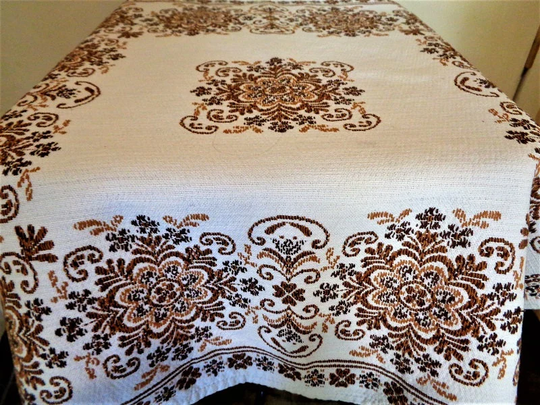 Austrian Tablecloth, Floral Square Table Cover, Woven Brown Cloth, Austria Folk Ethnic Linens