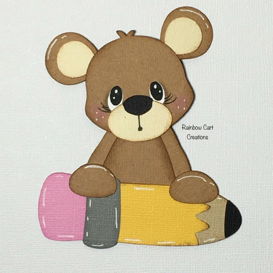 Bear With Pencil Pre-Made Die Cut Embellishment School Scrapbooking Card Topper #113