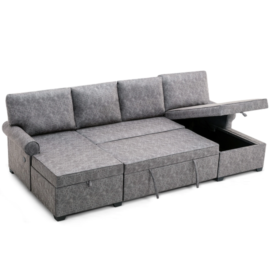 108.75" Sectional U-Shaped SLeeper Sofa with 2 USB Chargers and Double Storage Chaise