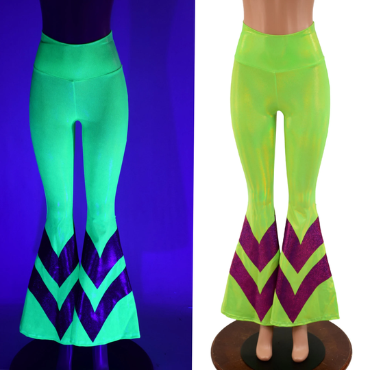 High Waist Chevron Solar Flares in Lime Holographic With Fuchsia Sparkly Jewel Chevrons 157680