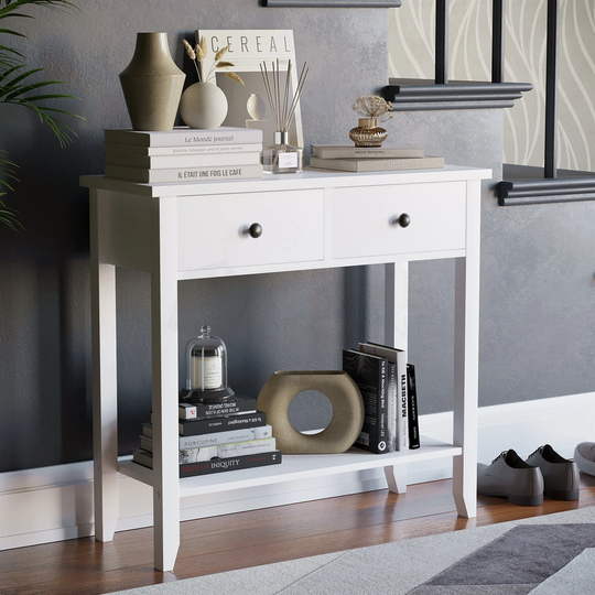 White/Grey Console Table, 2 Drawer Bedroom Desk Grey Wood Furniture
