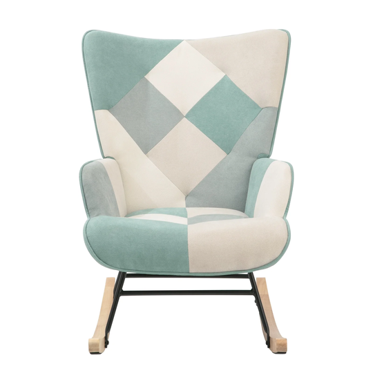 Mid Century Colorful Accent Chair Splicing Design Fabric Rocker Chair with Wood Legs and Patchwork Linen for Livingroom Bedroom