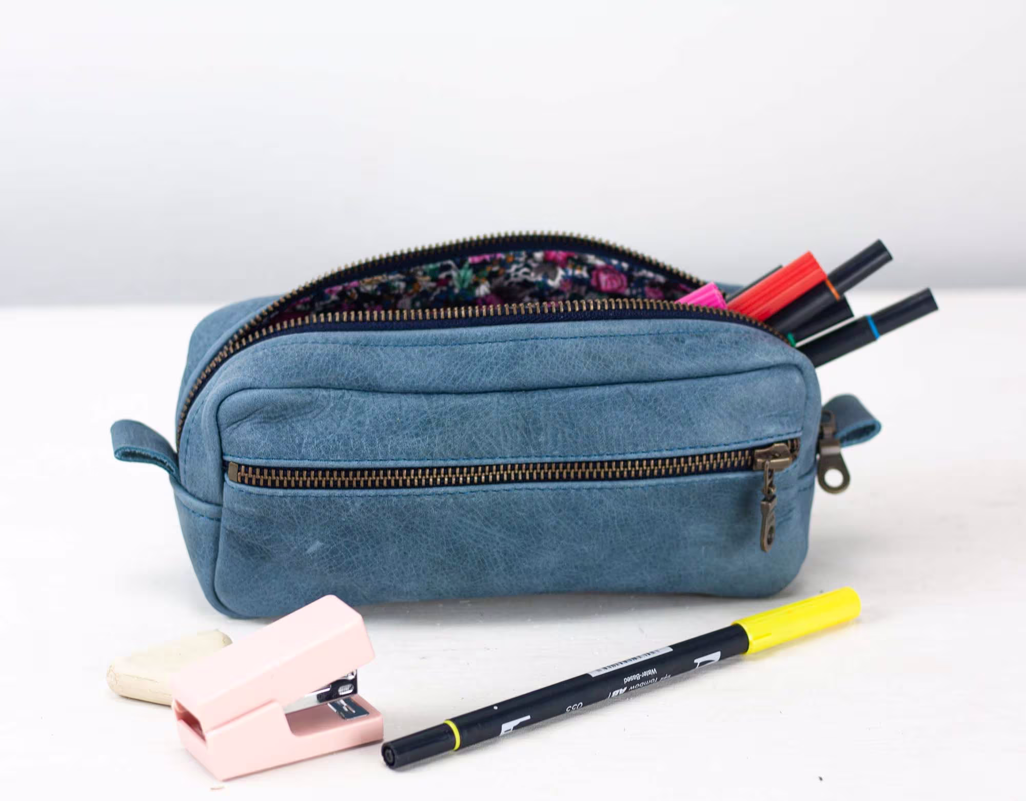 Blue Distressed Leather Pencils Case, Rectangular Accessory Bag Purse Case Glasses Markers Zipper Pouch - The Brick