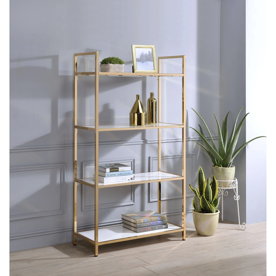 ACME Ottey Bookcase, White High Gloss and Gold