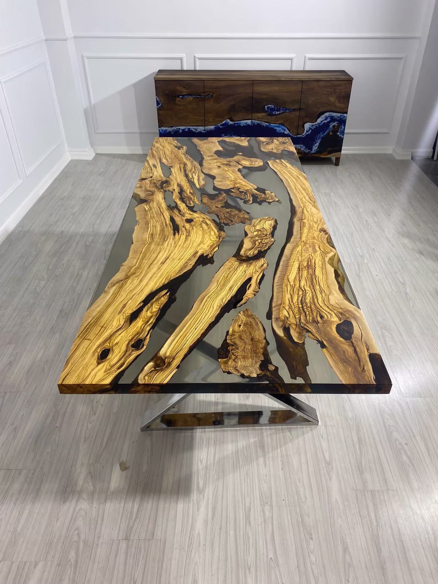 Olive Wood Epoxy Table, Custom 96" X 40" Smokey Gray Order For Selina