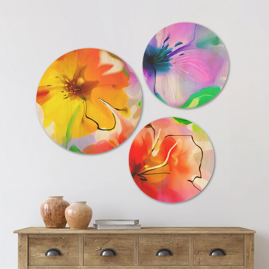 Designart 'Bunch of Colorful Flowers Sketch' Floral Wood Wall Art Set of 3 Circles