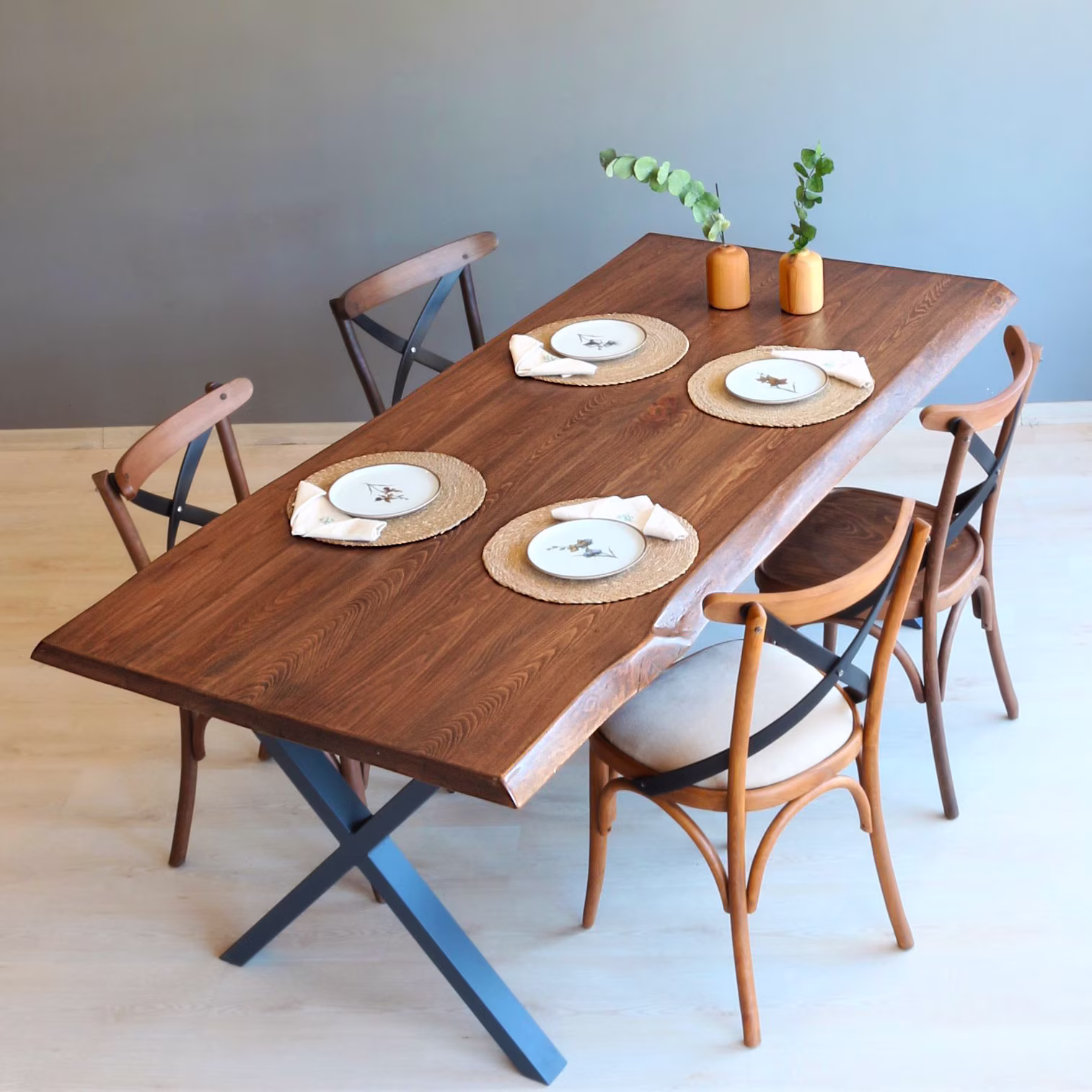 Live Edge Dining Table - Beech/Handmade Dine Farmhouse Wooden With Metal Legs Meeting & Office