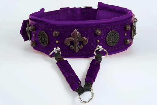 Big Leather Purple Dog Collar, Neapolitan Mastiff Leather Tooled & Stamped Viking Dog Collar
