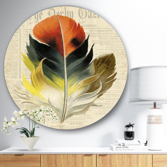 Designart 'Colorful Elegant Feather On Old Style Newspaper III' Cottage Metal Circle Wall Art