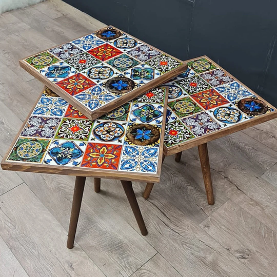 Nesting Coffee Tables Set Of 3 Square Wood Mexican Ceramic Tiles Side Table Rustic Tapered Legs Wooden End Tables
