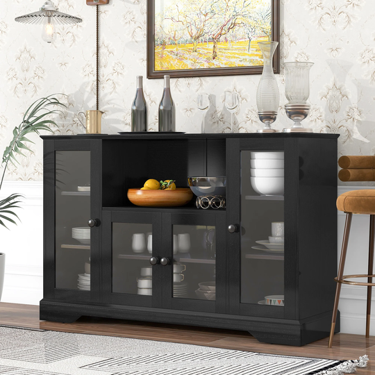 Open Style Sideboard with 4 Tempered Glass Doors Adjustable Panels