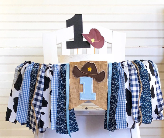 Cowboy 1st Birthday High Chair Banner, Party Fabric Cake Smash Blue Brown, Rodeo Backdrop Garland