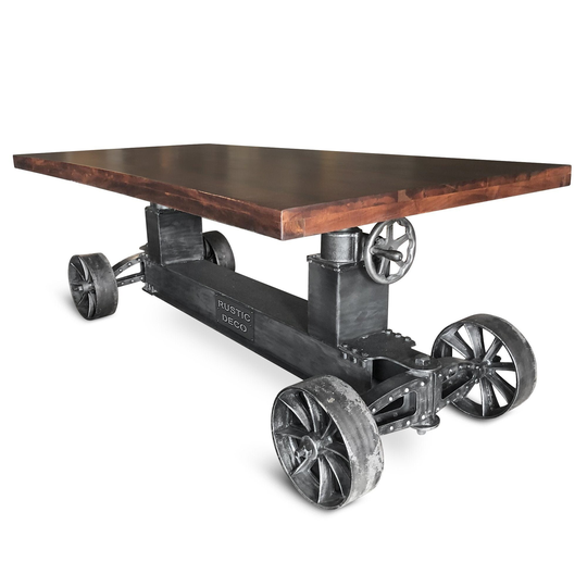 Industrial Trolley Dining Table - Iron Wheels Adjustable Height Dark Provincial