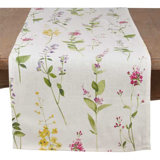 Linen Table Runner With Watercolor Floral Stem Design