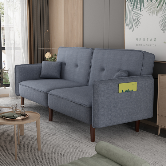 Futon Sofa Bed for Living Room, Convertible Sleeper Sofa Loveseat with Solid Wood Leg & 2 Pillows & 2 Arm Pockets & Splitback