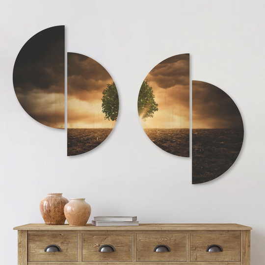 Designart 'Lonely Tree under Dramatic Sky' Landscape Wood Wall Art Set of 4 Half Circles - Multi-Color