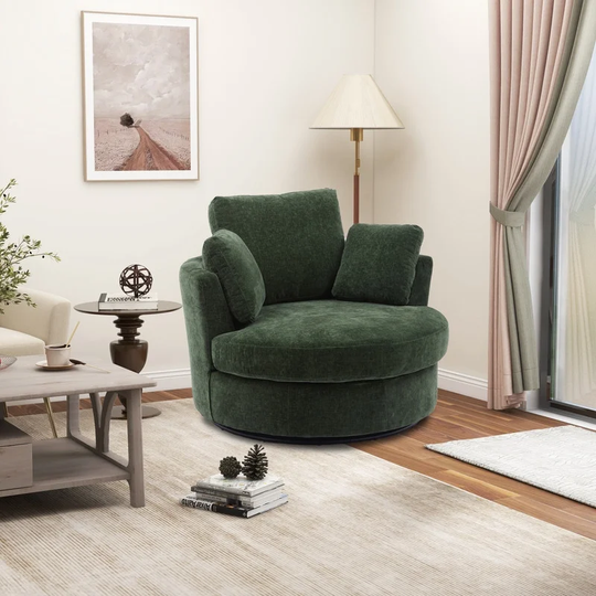 Round Green Swivel Accent Barrel Chair Club Chair with 3 Pillows