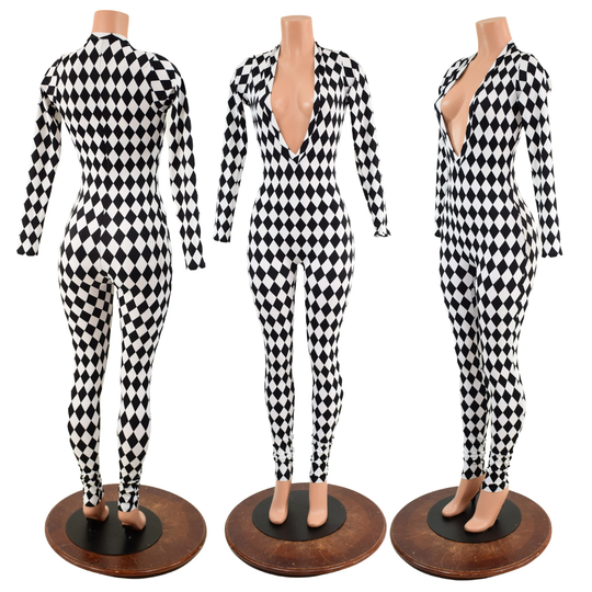 Plunging V Neck Catsuit With Long Sleeves Created in Black & White Diamond Print Spandex 157813