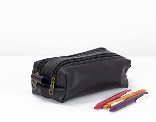 Rec Double Case - Black Leather Pencils Case, Rectangular Accessory Bag Purse Glasses Markers Zipper Pouch