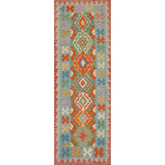 Geometric Colorful Kilim Reversible Runner Rug Flat-weave Wool Carpet - 2'10"x 9'7"