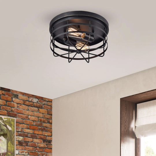 Cecilia Antique Black 2-light Iron Cage Flush Mount Chandelier