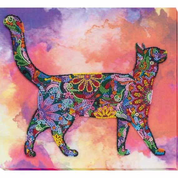 Diy Bead Embroidery Kit On Art Canvas "Sunset Walk - Cat", Gift. Size 12.5"×12.5" | 32x32 cm | Abris