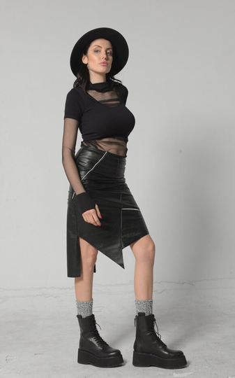 Asymmetric Skirt/Leather Mini Pencil Black